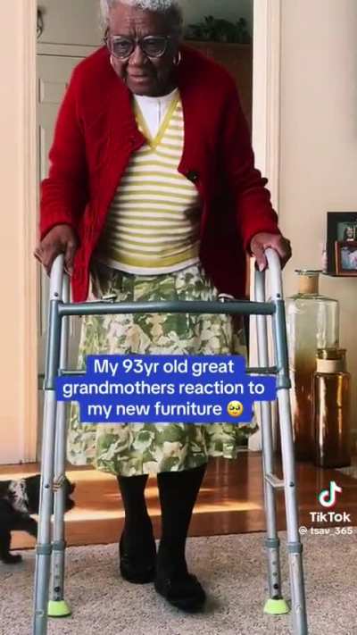 Great Grandmother reacts to Great Grand Daughter&rsquo;s new furniture