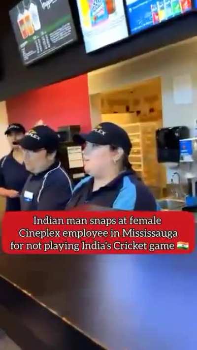 Man shows anger at a cineplex employee after they refused to play the cricket game in Mississauga Canada