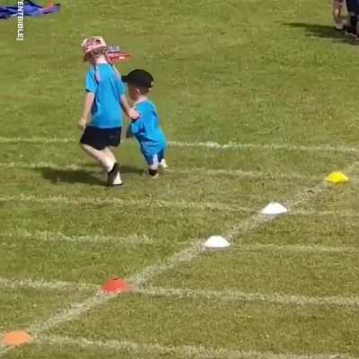 Nathan, 7, with dwarfism participated in his first sports day. He was offered a head start but refused as he wanted to be like his class and start with them. With Nathan falling begging his mate didn&rsquo;t want him to be alone and finish last, so she stopped 