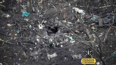 Ukrainian FPV Drone from "God's Work" 47th Mech Brigade drops explosives in foxhole with Russian soldier inside