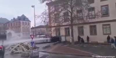In Montauban, France, there was an uprising of angry farmers who shut down police forces by throwing manure at their water cannons and blocking shielded officers with farm vehicles