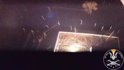 Night bombing of a Russian electrical substation using a drone with free-fall grenades.  Popovo-Lezhachi and Suzha, Kursk region, Russia.  (29/February/2024)