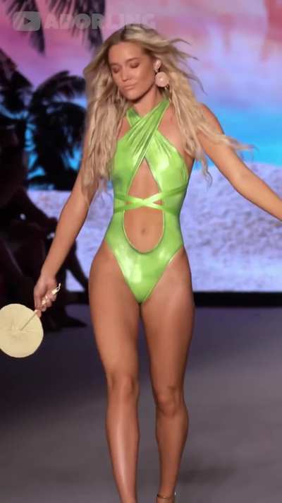 Tight green swimsuit runway walk