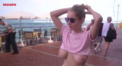 Older couple in awe of blonde flashing her big tits