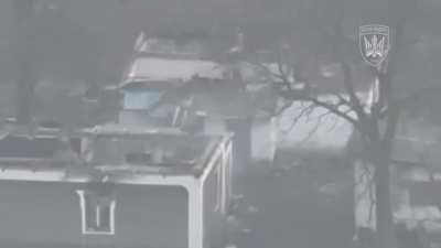 12 russian soldiers hide in a building with their fuel/ammo.  FPV strikes, five of them come out on fire, others do not come out.