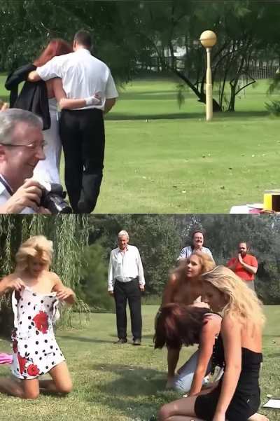 The ending of the wedding catfight. Eva gives Jana the finger after taking an incredible beating. Jana casually walks away grabbing a glass of champagne, stripped of all her clothes.