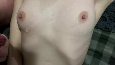 Cumming on my gfs tits! We hope you like the load :)