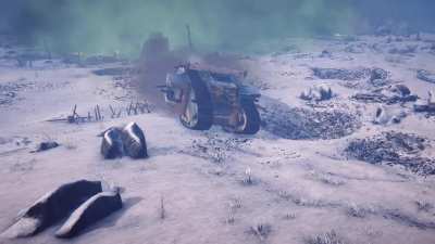 British mark IV male, driving through a snowy battlefield (videogame)