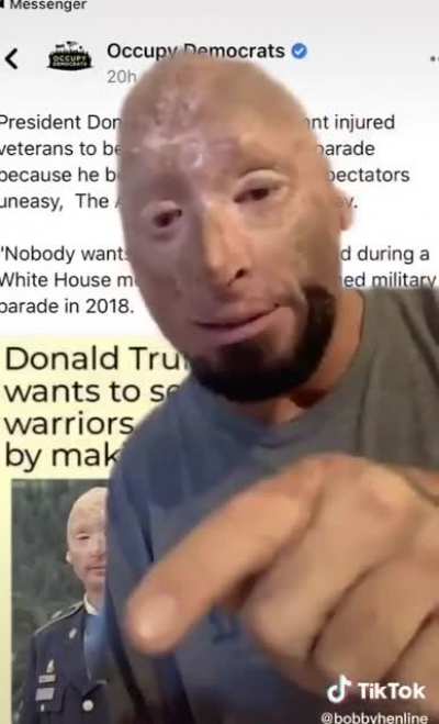 Wounded Warrior Bobby Henline calls out "Occupy Democrats" for slandering Trump with his picture.
