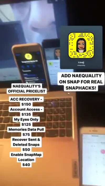 Hit @naequality on Snapchat to order account access , account recovery, my eyes only , memories data pull, recover sent &amp;amp; deleted snaps &amp;amp; more! Telegram Group link in comments below 👇