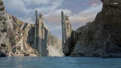 " 'Behold the Argonath, the Pillars of the Kings!' Frodo turned and saw Strider, and yet not Strider; for the weather-torn Ranger was no longer there. In the stern sat Aragorn son of Arathorn [...] a king returning from exile to his own land."