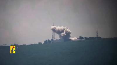 Hezbollah shelling the headquarters of the 91st Division at Biranit with one 500kg "Burkan" lob bomb.