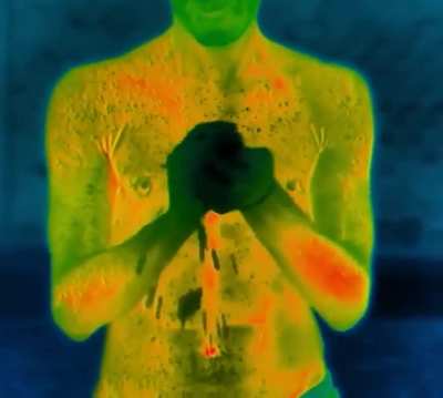 Thermal imaging camera shows how the human body loses heat when exposed to the blistering cold