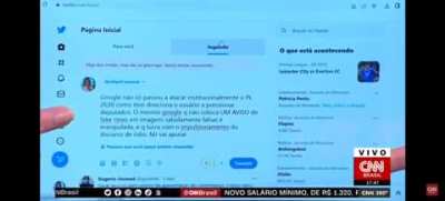 Jornalista Daniela Lima mostra ao vivo que foi impedida pelo Twitter de relatar a discuss&atilde;o sobre PL2630 em sua conta pessoal.