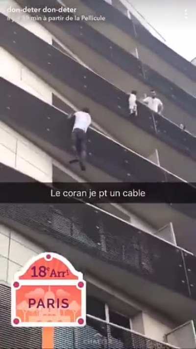 Guy sees baby dangling from high rise building &amp;amp; switches on his super powers, scaling the building balcony by balcony with total disregard for his own safety. He was an illegal immigrant living in France but after this he was given instant citizenshi