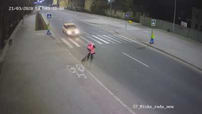 3:10 A.M. on a very quite cold winter morning.... The poor woman's ski hat went flying