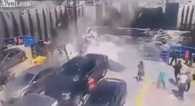 Rv jumps a 200ft gap to get on the ferry.