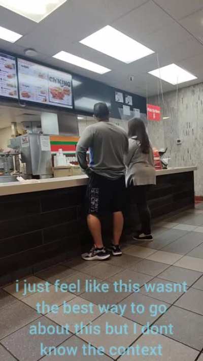 The employees didn't call the cops, they just went in the back until the couple finished screaming themselves to exhaustion. This went on for another 15ish minutes, nobody who came in could order food.