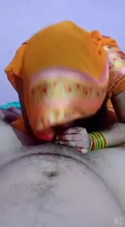 Newly married lady sucks husband's dick to warm him up.