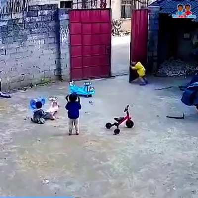 A future knight in shining armor protecting his little sisters.