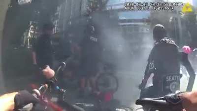 Man lures Seattle PD by blocking a camera with an umbrella. "Peaceful" BLM protestors throw fireworks at responding officers, some of those fireworks being covered in BBs (pipebomb)
