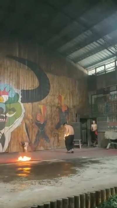 Does great stunts with fire .....