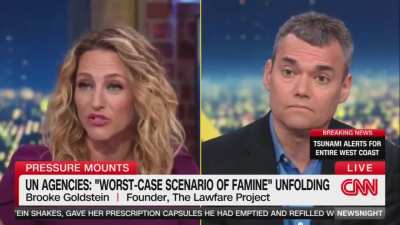 CNN platforms pro-Israel extremist Brooke Goldstein, who denies that Palestinians exist as a people and is the director of the 'Lawfare Project'. Goldstein attempts to reiterate hasbara blaming Hamas &amp;amp; the UN for the starvation, but fails when host Ab