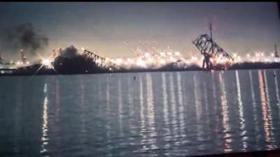 Francis Scott Key Bridge in Baltimore, MD reportedly collapses after being struck by a large container ship (3/26/2024)