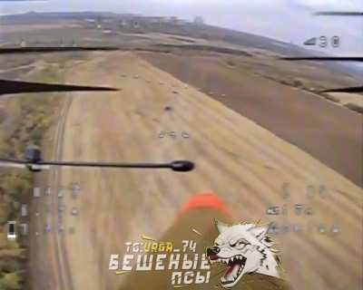 Ru Pov: FPV drone operator call sign "Kyrgyz", trying to strike Ukrainian vehicle, hit the soldiers sitting on top of the armor instead. Pokrovsk direction.