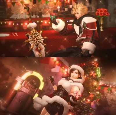 The recently revealed Christmas Cloud has Christmas Tifa&rsquo;s gift 😭❤️ (FF7 Ever Crisis) they&rsquo;re so good at matching! Happy Holidays Clotis 🎄