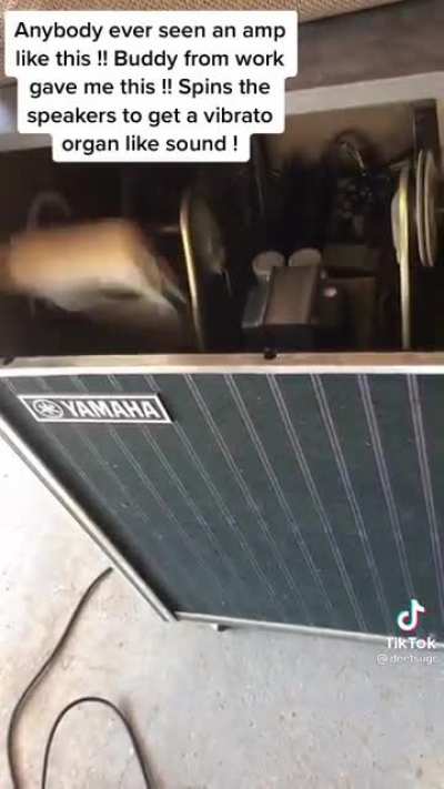 Guitar amp that has a mechanism to spin the speakers, creating a wild sounding natural vibrato