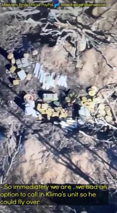 Madyar - UA drone recon. Locating and destroying an ru ammunition pile in Bahmut area with the help of the 3rd artillery brigade. Morning 25 Jan. Subtitled