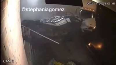 Cop vehicle is smashed by a truck