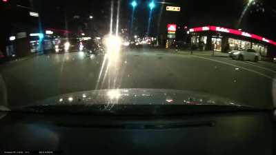 Idiot on bike blows red light and gets hit.