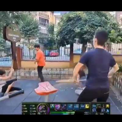 My little cousin and his friends performed "Afk Farming Nasus suddenly shows up in a team fight" at a park in Turkey
