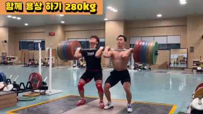 280kg clean &amp;amp; jerk by 2 Korean dudes