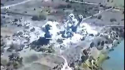 Ukrainian air force bombing Russian positions in Hrodivka, Donetsk Oblast, Ukraine. August 19, 2024. Location: 48.251228,37.398452