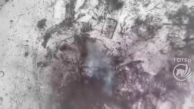 &laquo;Pegas&raquo; UAV unit of The 1st Tank Brigade "Severia" drops grenades on Russian infantry, in Stepove near Avdiivka, Donetsk. Feb 2024