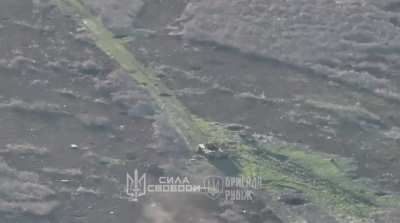 UA National Guard's 4th Brigade, 4th Battalion "Rubizh" / "Svoboda Battalion" drone team spotted groups of Russian soldiers traversing a dirt track, striking multiple with FPV strike drones as artillery lands nearby. (Music and sound effects from source) 