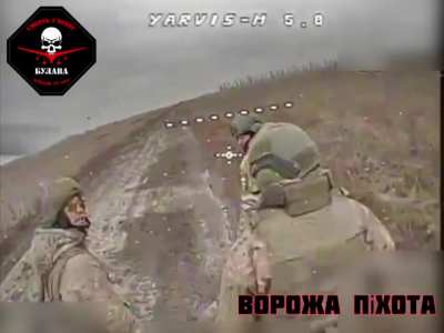 RUBPAK &ldquo;BULAVA&rdquo; 72 OMBr FPV drone strikes a trio of Russian soldiers walking along a road.