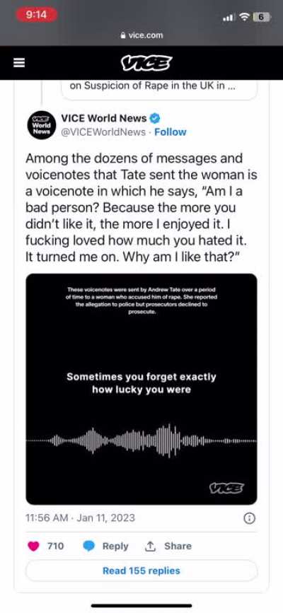 Andrew Tate admits to, and brags about, raping a victim in voice notes he sent to her.