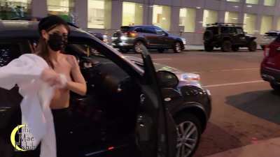 Husband didn't care who saw my tits when he had me change into my new top right there on the street. [GIF]