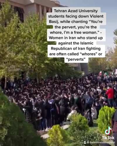 Iranian female students at Tehran Azad University facing brutal Basij chant &ldquo;You&rsquo;re the pervert, you&rsquo;re the whore, I&rsquo;m a free woman.&rdquo; Women in Iran who are fighting for their rights are often called &ldquo;whores&rdquo; or &ldquo;perverts&rdquo;