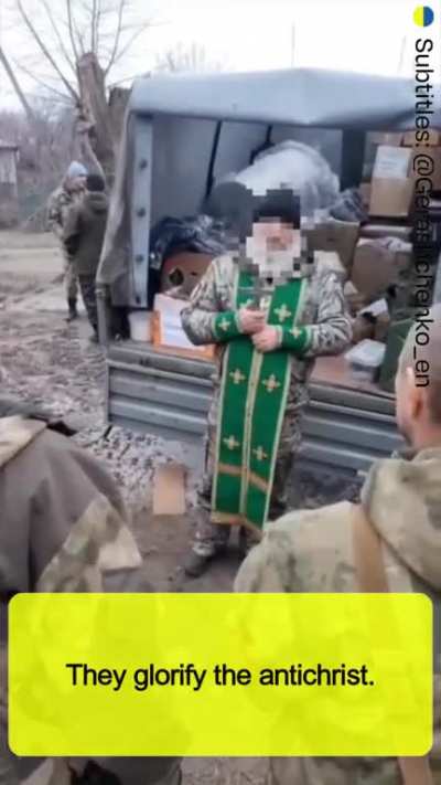 A Russian Orthodox priest sends Russian soldiers to die fighting Satan, telling them that "Putin's army is God's army" and "most of you will not return from war tomorrow."