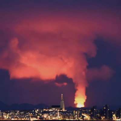 Eruption of Fagradalsfjall volcano seen from Iceland's capital, Reykjav&iacute;k