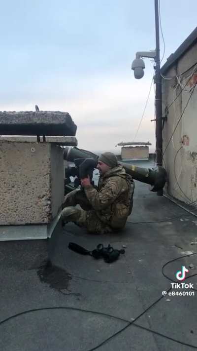 Javelin shot on top of a building. Ukraine, date unknown