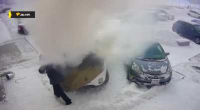 Novosibirsk man warms up his Kia with heat blower