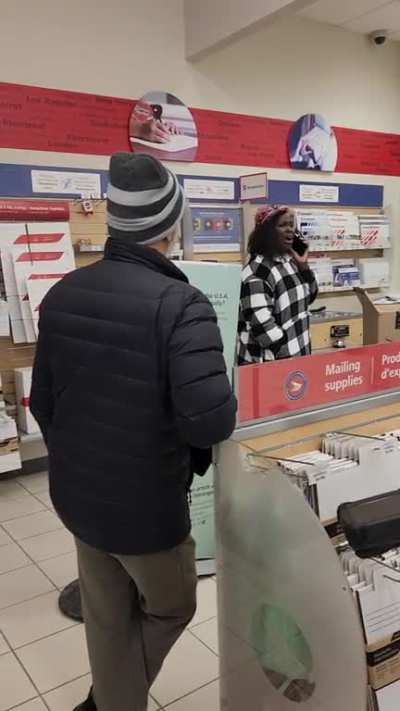 Lady freaks out because she was told she should wrap her package before dropping it off.
