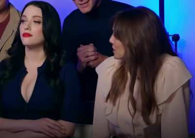 Elizabeth Olsen staring at Kat Dennings big tits