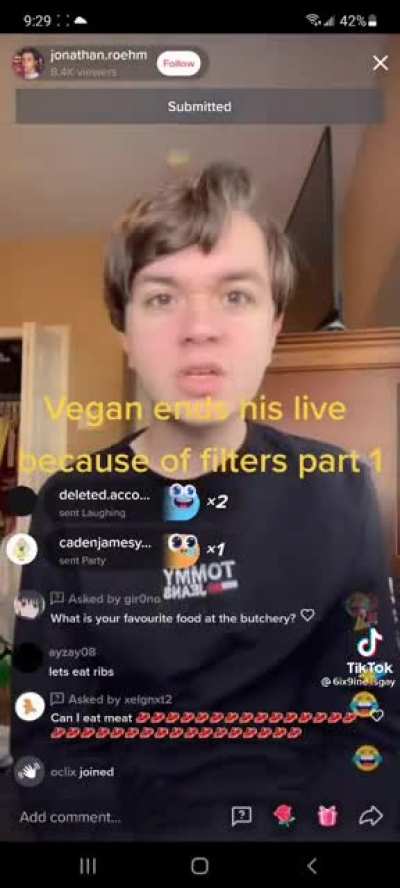 Vegan cries due to filters